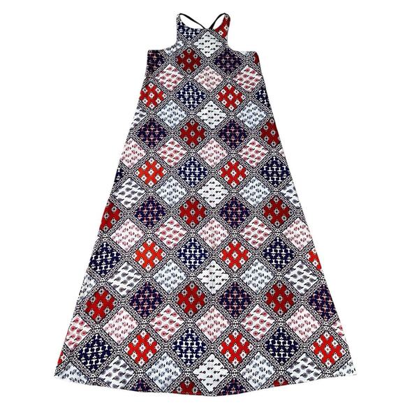Gianni Bini Red Blue Floral Patchwork Strappy Back Boho Maxi Dress Size Medium - Picture 1 of 6